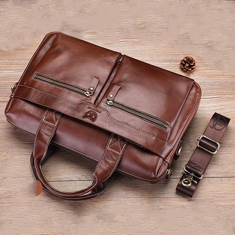 Large Capacity Retro Cowhide Briefcase - Black Metal