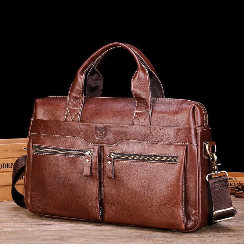 Large Capacity Retro Cowhide Briefcase - Black Metal