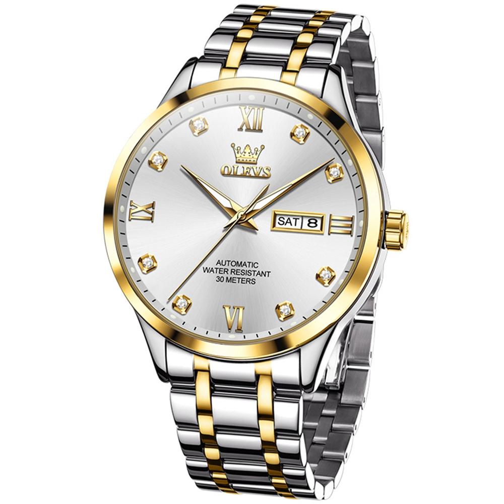 Waterproof Quartz Watch with Diamond Roman Scale for Men - White + Gold