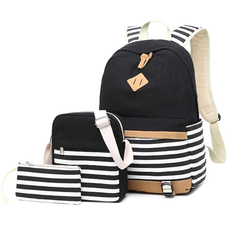 Printed Canvas Backpack Set - 3 Pieces - Grey