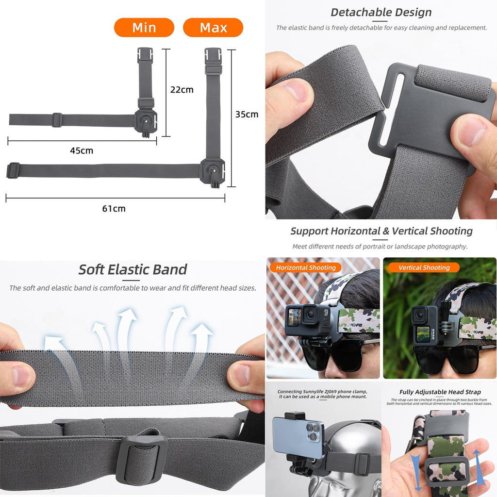 Adjustable 360 Degree Head Strap for Action Cameras - Grey