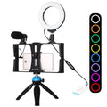 Vlogging Live Broadcast Smartphone Video Rig With 4.7 Inch Rgbw Ring Led Selfie Light Microphone And Pocket Tripod Mount Kit - Blue