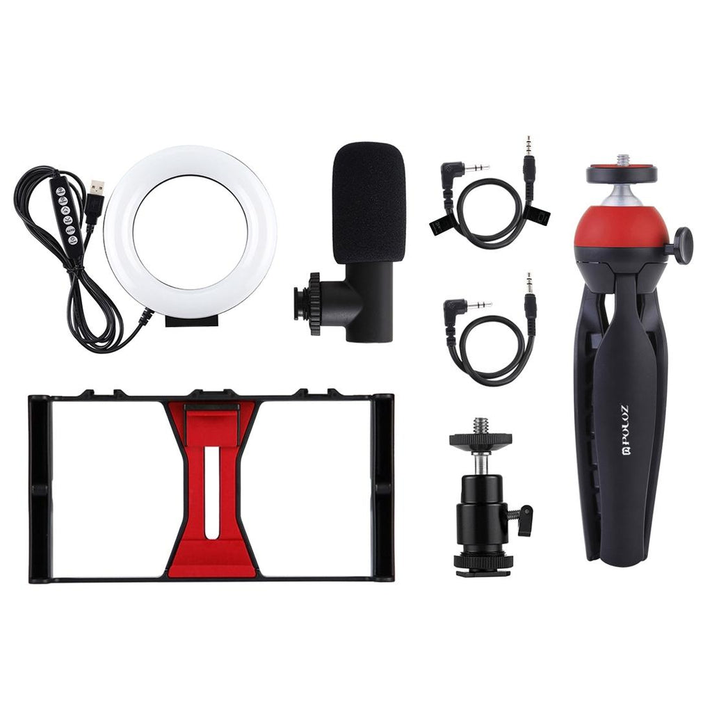 Vlogging Live Broadcast Smartphone Video Rig With 4.7 Inch Rgbw Ring Led Selfie Light Microphone And Pocket Tripod Mount Kit - Blue