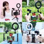 Vlogging Live Broadcast Smartphone Video Rig With 4.7 Inch Rgbw Ring Led Selfie Light Microphone And Pocket Tripod Mount Kit - Blue