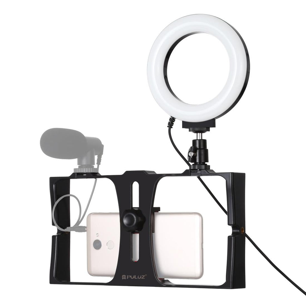 Vlogging Live Broadcast Smartphone Video Rig With 4.7 Inch Ring Led Selfie Light Kit And Cold Shoe Tripod Head - Blue