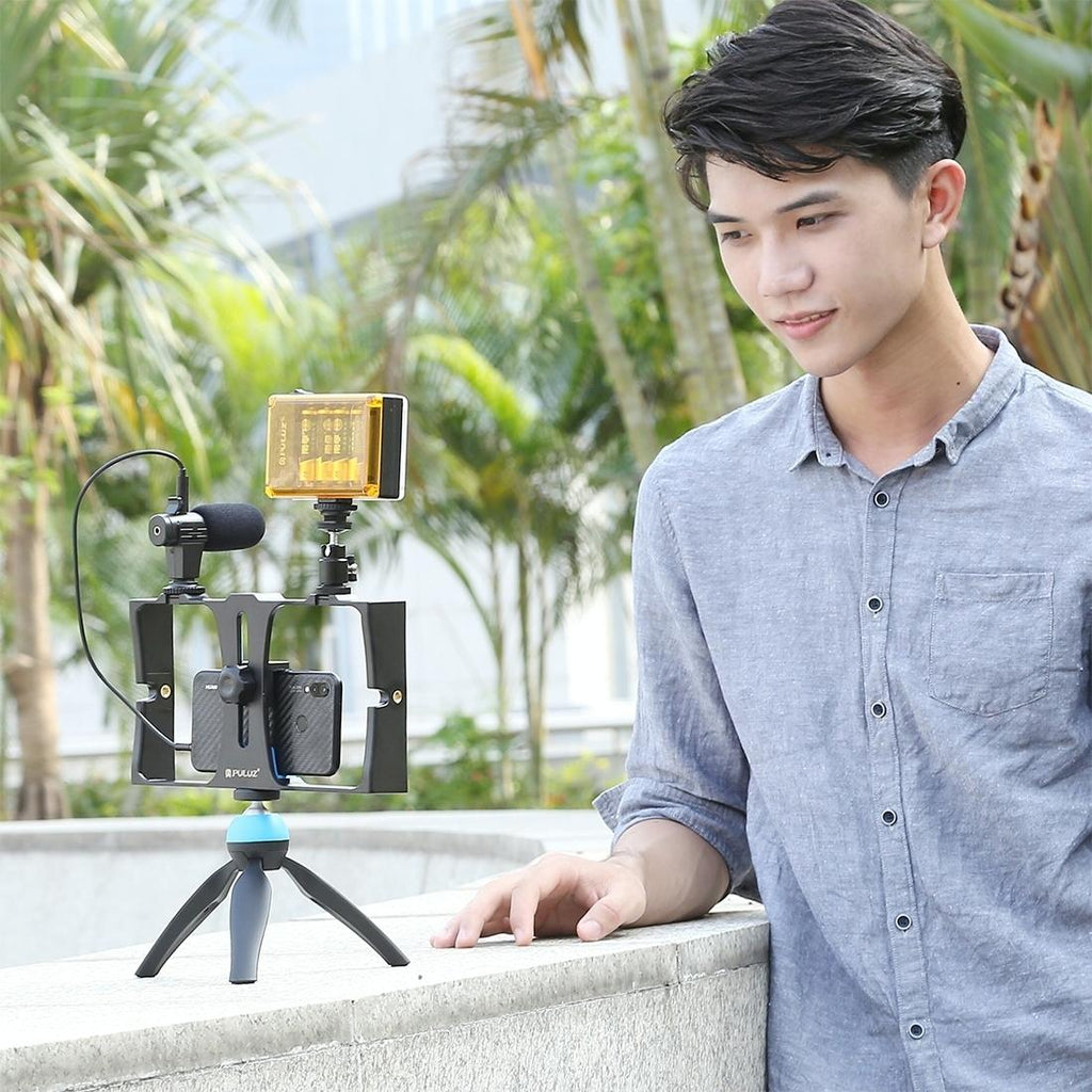Smartphone Video Rig & Microphone Kit For Live Broadcast - Compatible With Iphone Galaxy Huawei Xiaomi Htc Lg Google And More - Red