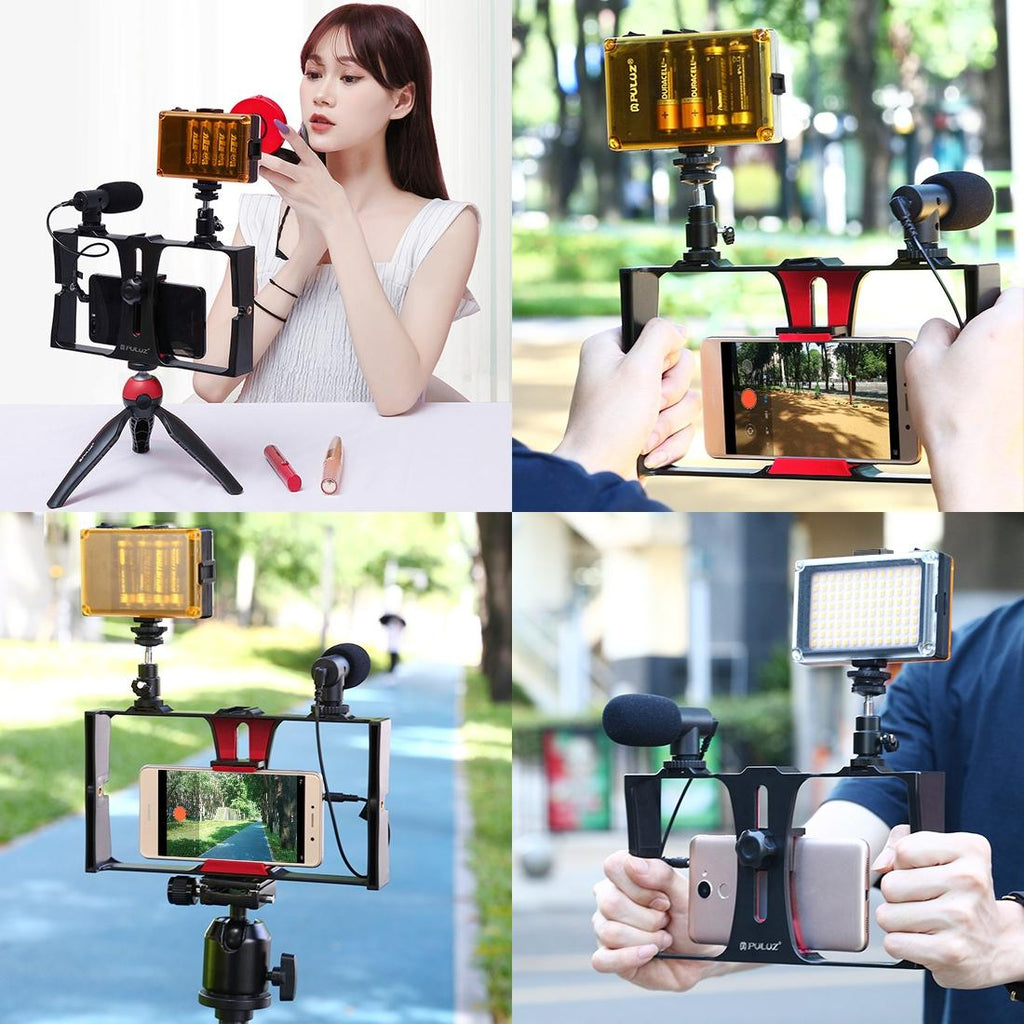 Live Broadcast Vlogging Kit With Led Light Microphone Tripod & Cold Shoe Head - Red