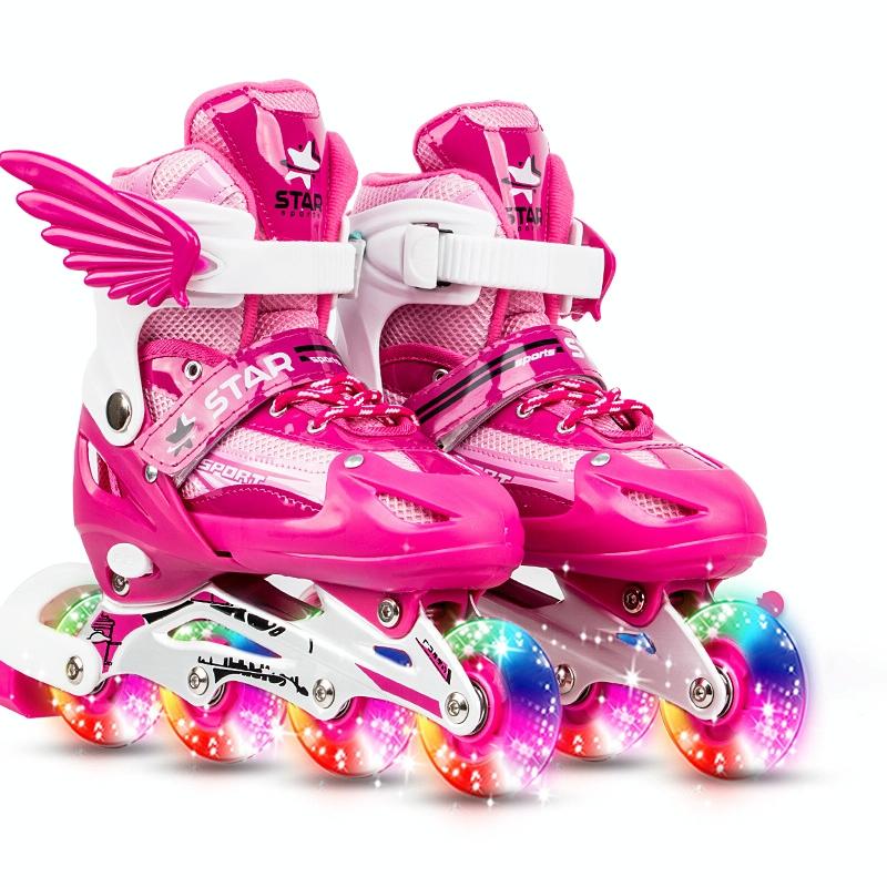 Adjustable Kids Roller Skates Set - Full Flash Single Four-wheel - Size l - Red