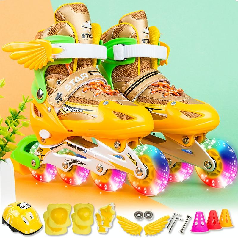 Adjustable Kids Roller Skates Set - Full Flash Single Four-wheel - Size l - Red