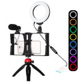 Vlogging Live Broadcast Smartphone Video Rig With 4.7 Inch Rgbw Ring Led Selfie Light Microphone And Pocket Tripod Mount Kit - Red