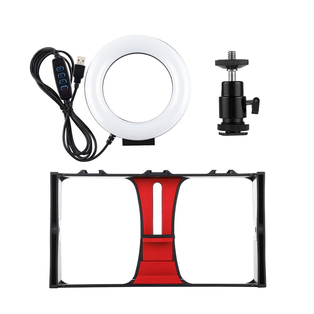 Vlogging Live Broadcast Smartphone Video Rig With 4.7 Inch Ring Led Selfie Light Kit And Cold Shoe Tripod Head - Red