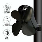 4-blade Heat Powered Fireplace Stove Fan - Aluminum - Silver