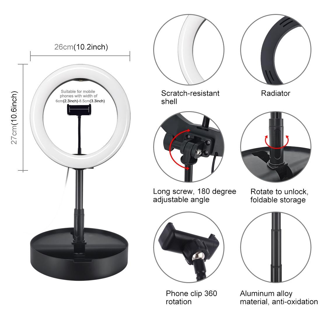10.2 Dual-colour Led Ring Light with Usb Bluetooth Remote and Phone Holder - White