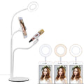 Universal Cell Phone Holder with Selfie Ring Light Microphone Clip & 3-colour Light Adjustment for Studio Recording Live Broadcast Ktv White