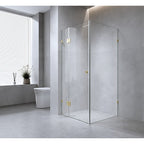 90x80cm Corner Frameless Shower Screen with Gold Brackets and SS Hinges, Round Handle