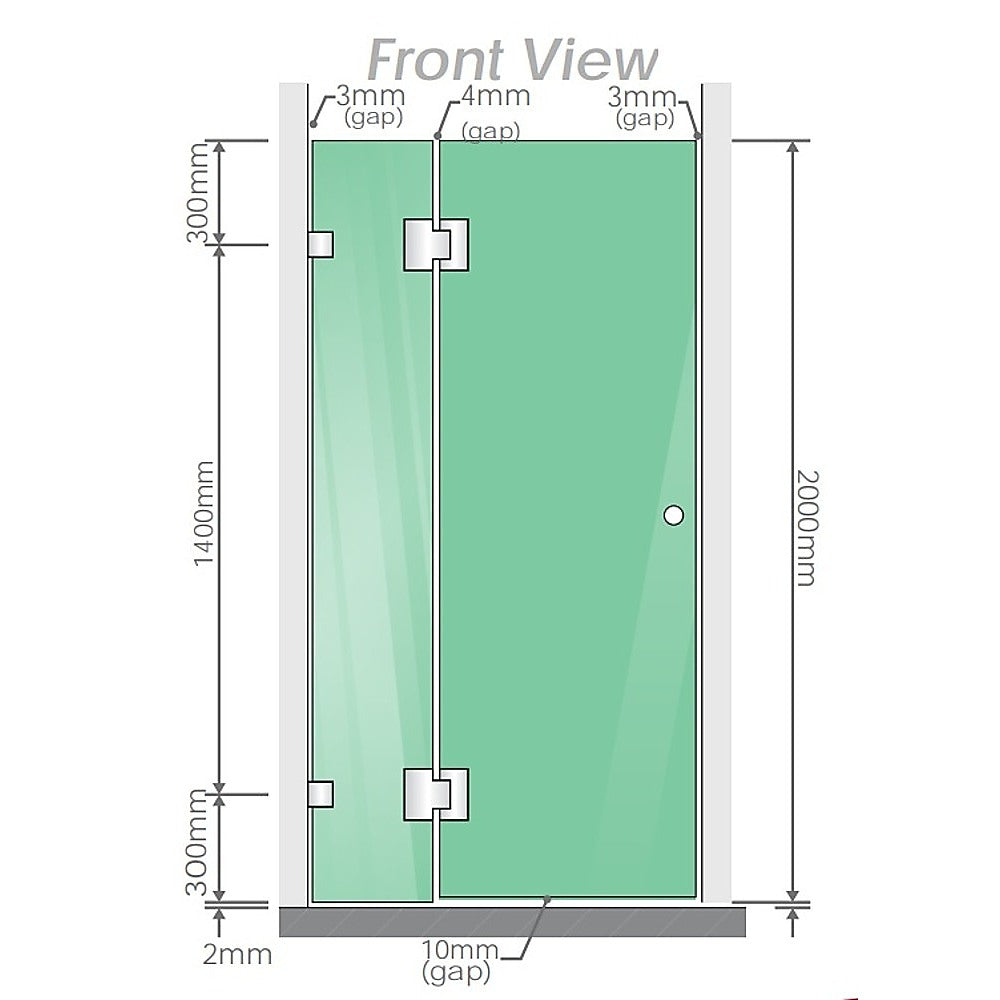 90x80cm Corner Frameless Shower Screen with Gold Brackets and SS Hinges, Round Handle