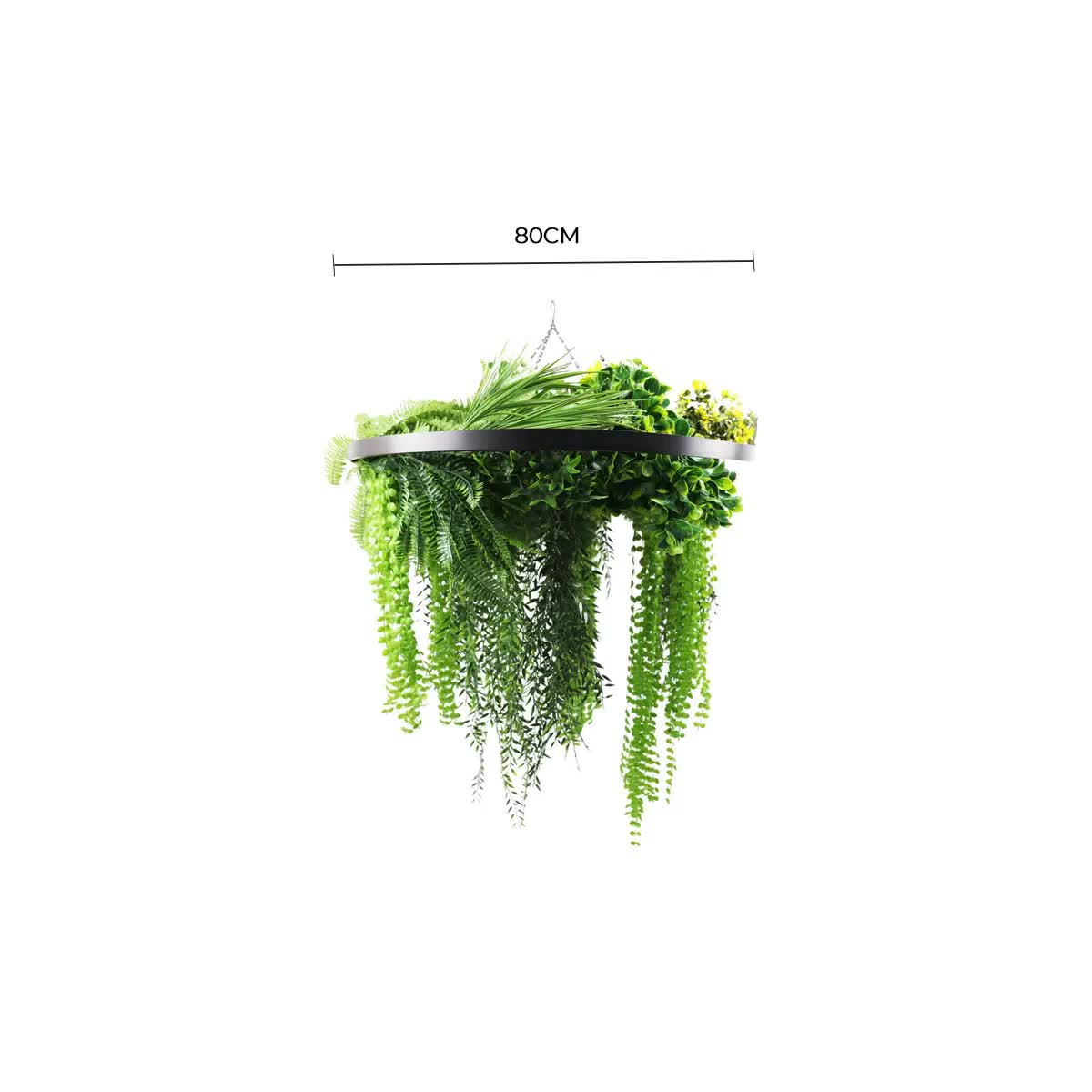 Black Framed Roof Hanging Disc With Draping Life-Like Ferns and Plants 80cm UV Resistant