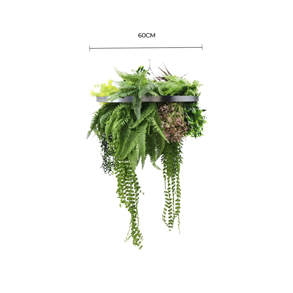 Black Framed Roof Hanging Disc With Tropical Foliage Mix and Draping Stems 60cm UV Resistant