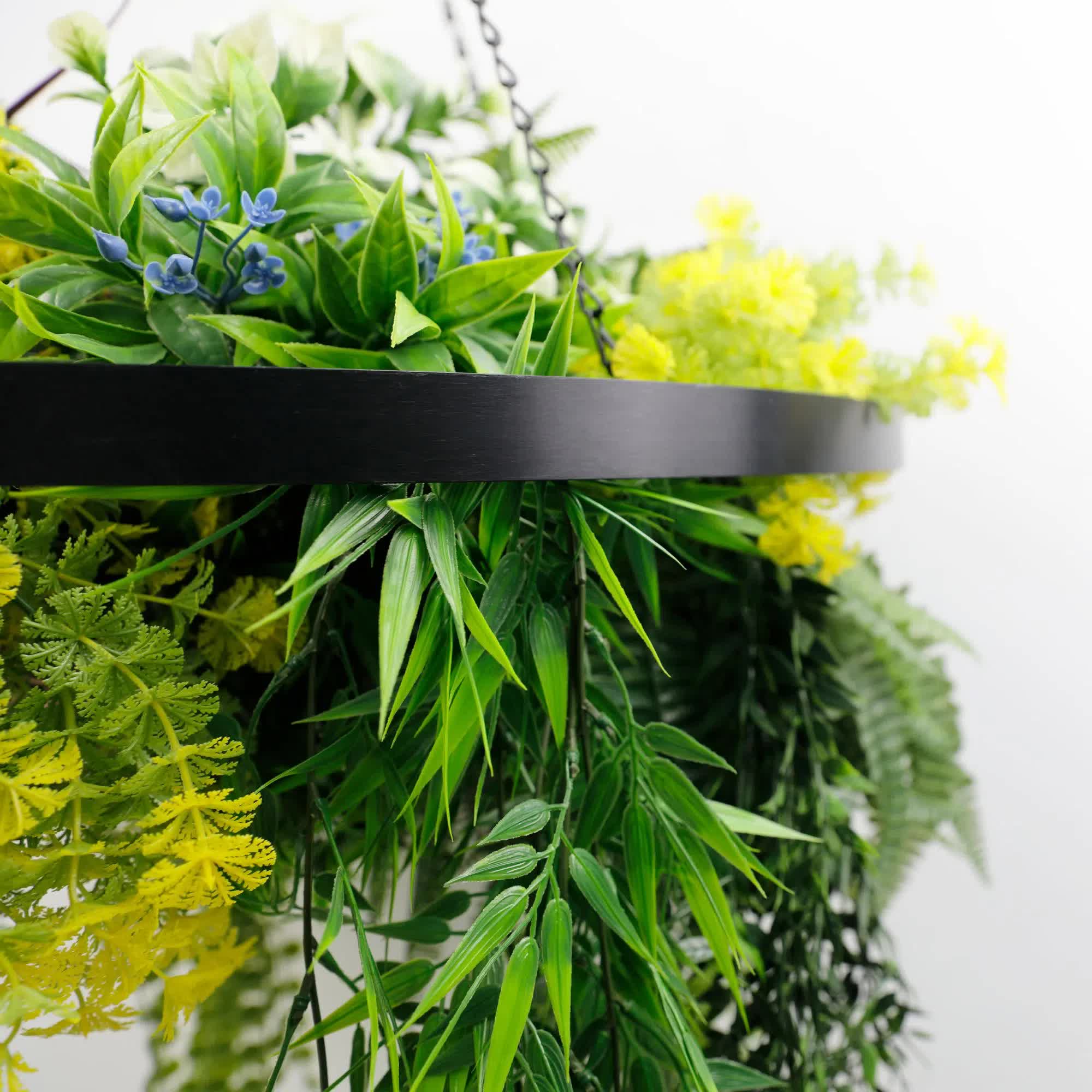 Black Framed Roof Hanging Disc With Tropical Foliage Mix and Draping Stems 60cm UV Resistant