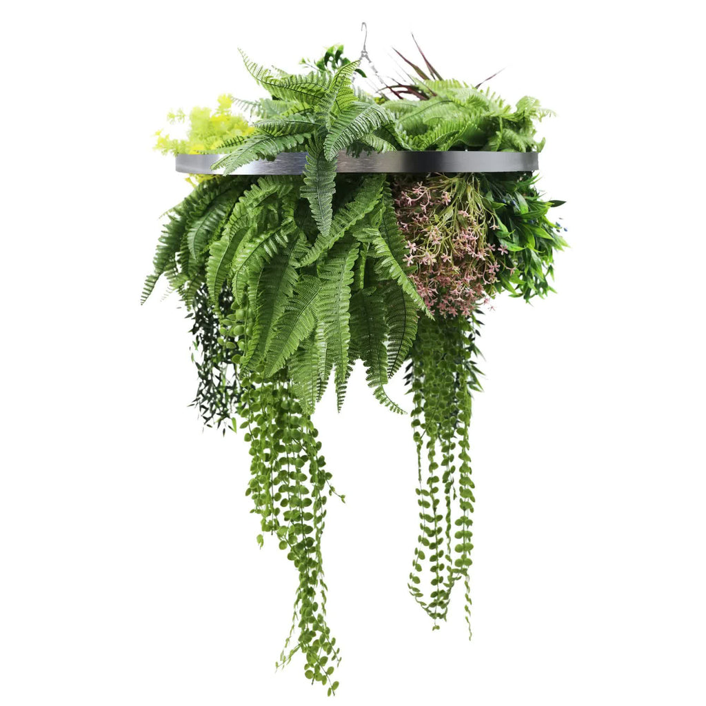 Silver Framed Roof Hanging Disc With Tropical Foliage Mix and Draping Stems 60cm UV Resistant