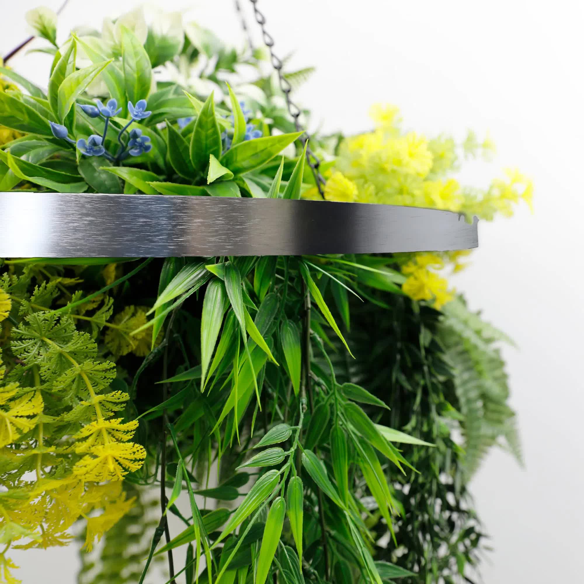 Silver Framed Roof Hanging Disc With Tropical Foliage Mix and Draping Stems 60cm UV Resistant