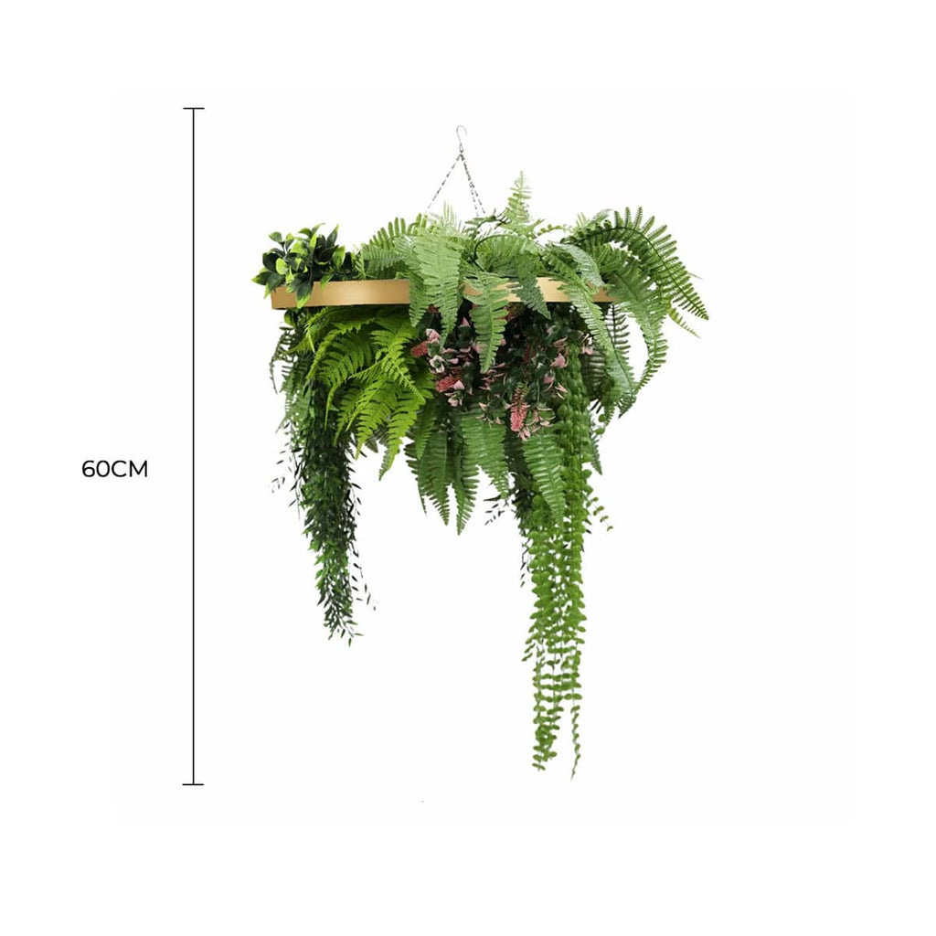 Gold Framed Roof Hanging Disc with Draping Life-Like Plants UV Resistant 60cm