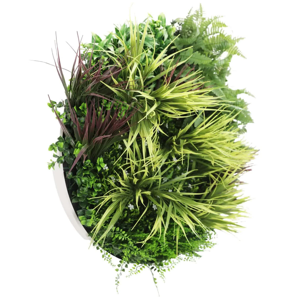 Slimline Artificial Green Wall Disc Art 80cm Grassy Fern UV Resistant (White)