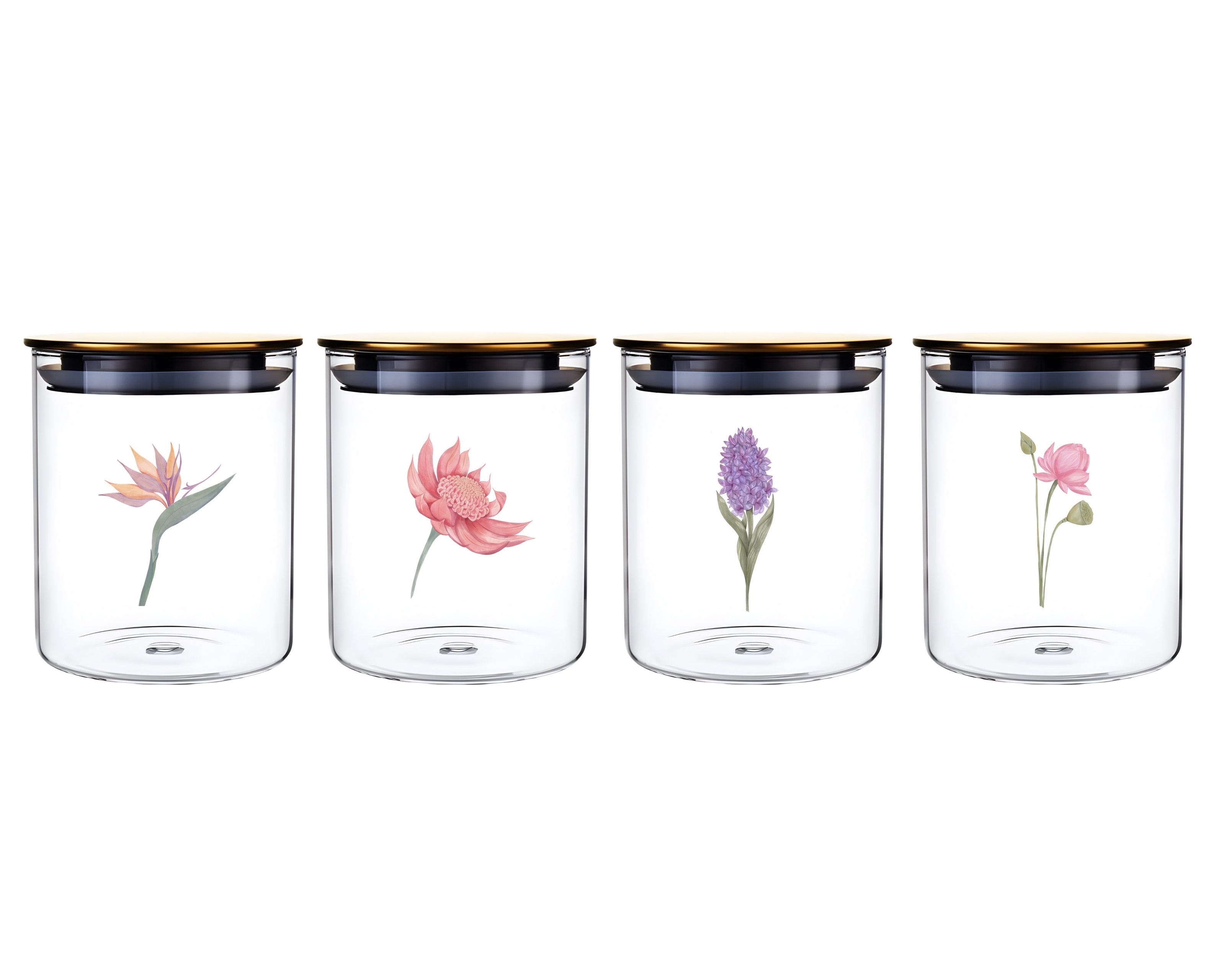 bulk 24 Botanical Flower Glass Jar w Metal Lid 4 Assort 15cm