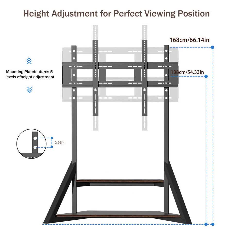 2 Tiers Rustic Wood Shelves Heavy Duty Universal Tv Floor Stand For 32-75 Inches