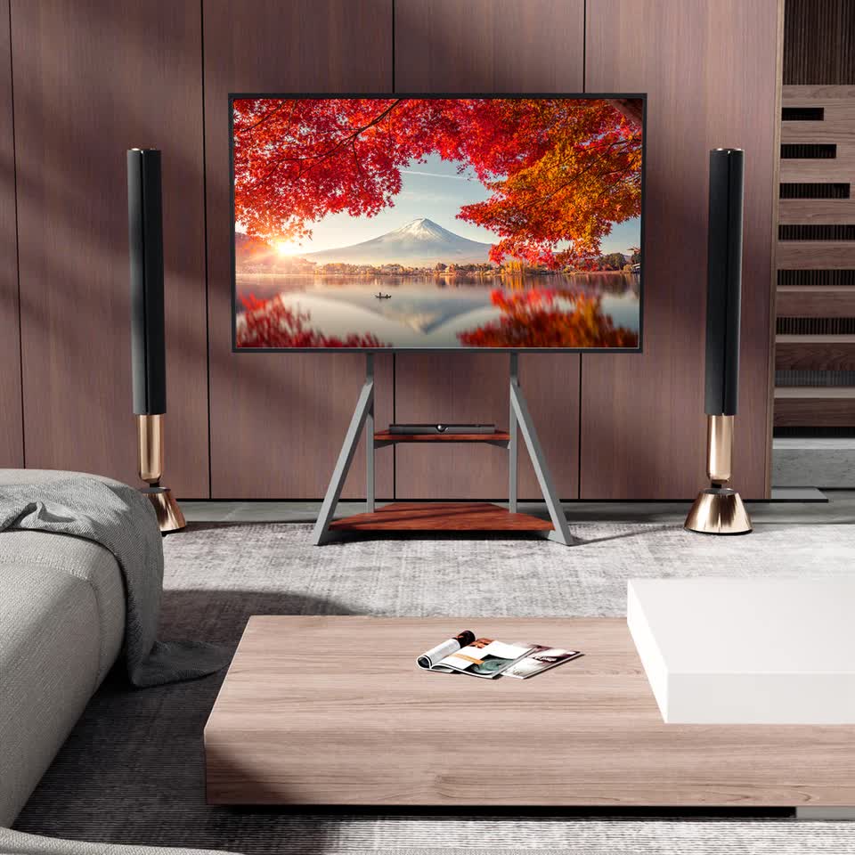2 Tiers Rustic Wood Shelves Heavy Duty Universal Tv Floor Stand For 32-75 Inches