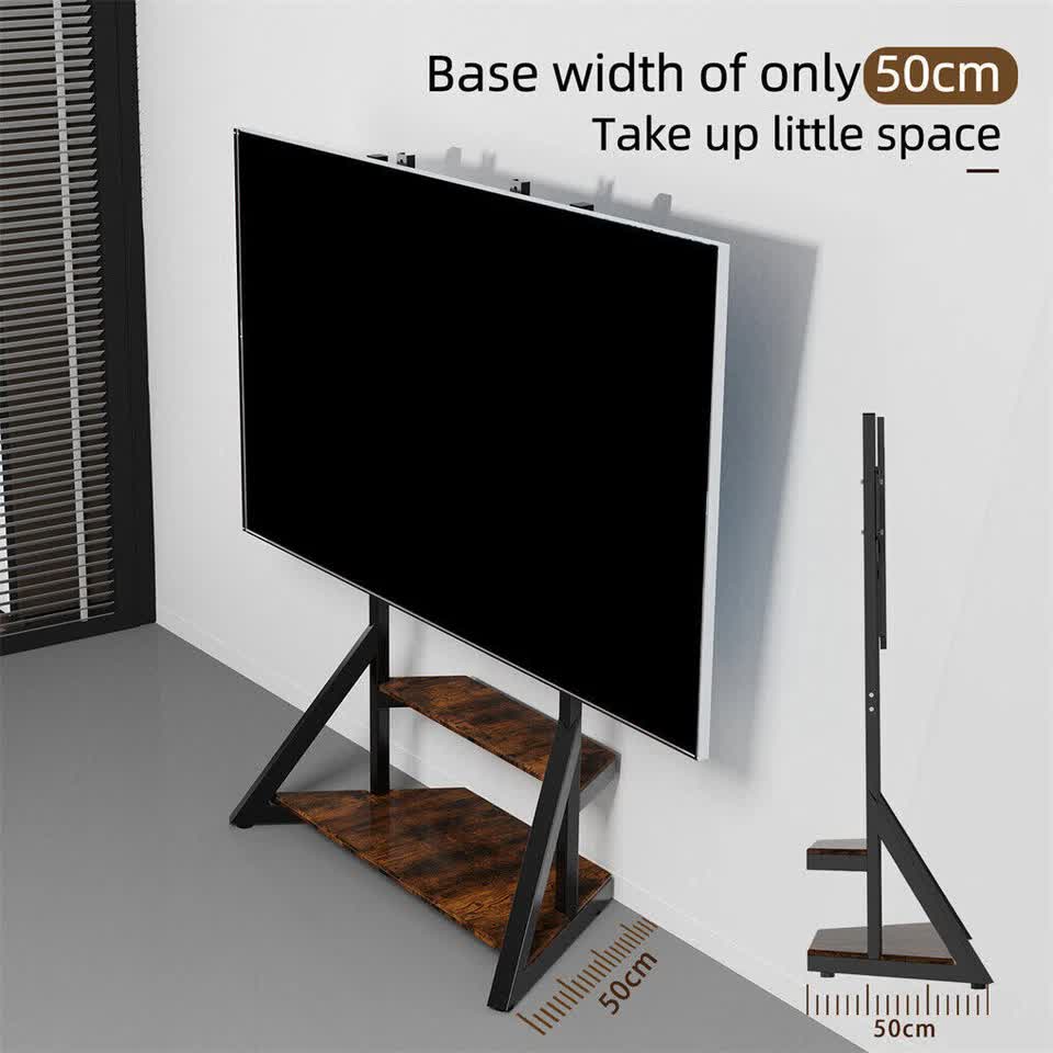 2 Tiers Rustic Wood Shelves Heavy Duty Universal Tv Floor Stand For 32-75 Inches