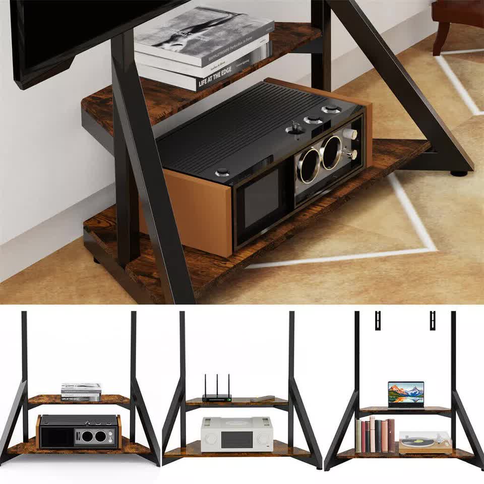 2 Tiers Rustic Wood Shelves Heavy Duty Universal Tv Floor Stand For 32-75 Inches