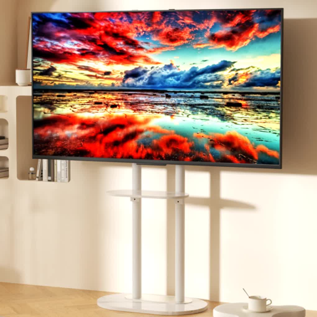 Minimalist Marble Textured Floor Tv Stand 40"-75" Strong Steel Tv Bracket Stable