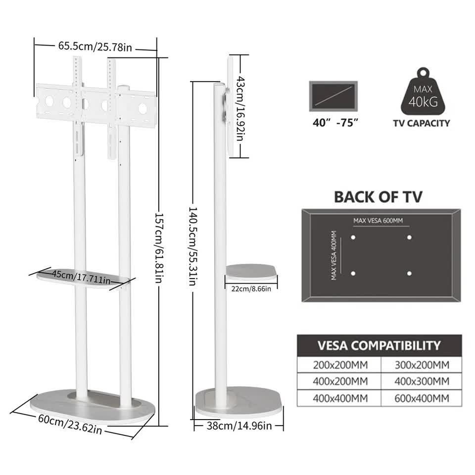 Minimalist Marble Textured Floor Tv Stand 40"-75" Strong Steel Tv Bracket Stable