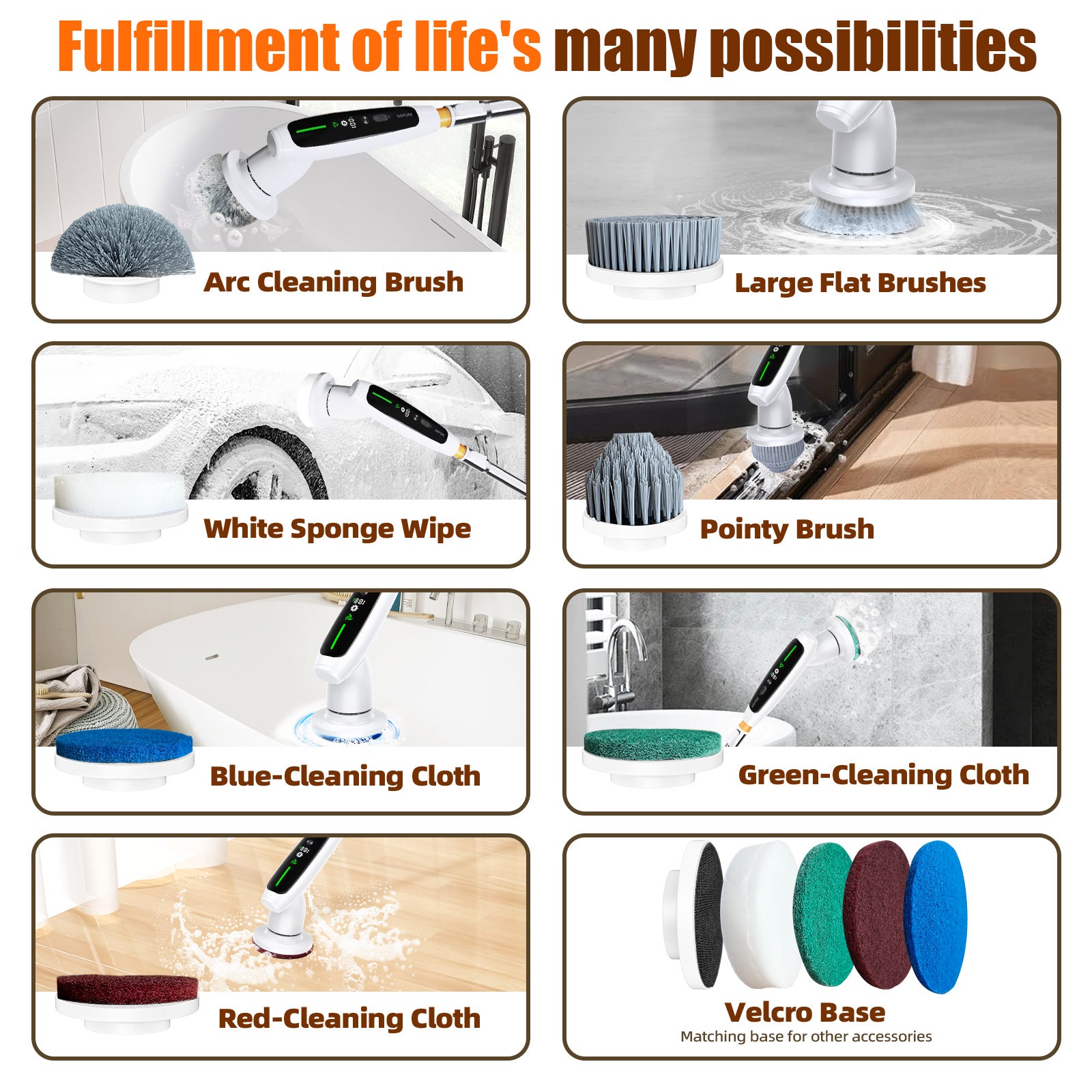 Electric Spin Scrubber with Adjustable Extension Handle & 8 Brush Heads - Smart LED Display