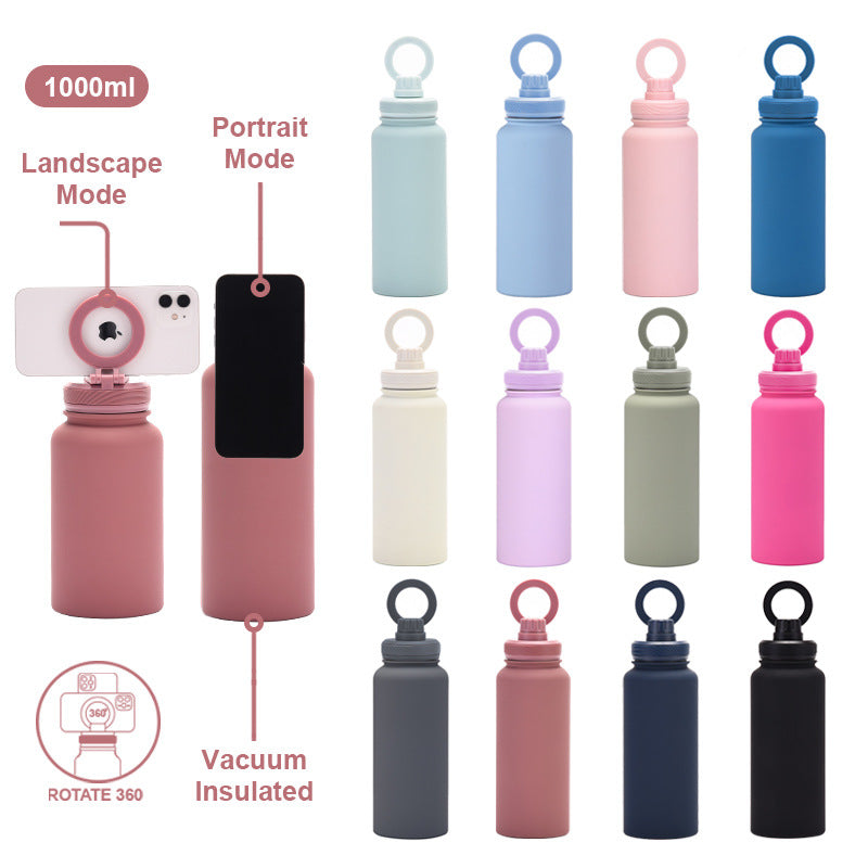 Black 1L Stainless Steel Water Bottle with Magnetic Phone Holder Lid - Portable Hydration & Hands-Free Stand