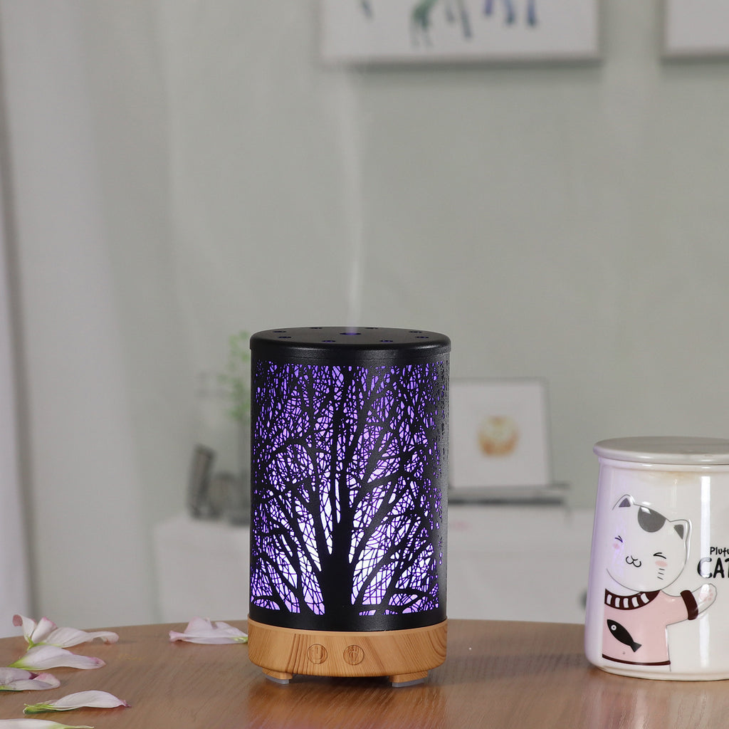Coffee and Black Forest Design Iron Essential Oil Diffuser - 7 Color LED Ultrasonic Cool Mist Humidifier 100ml