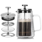Transparent Elegant Ribbed Double Wall Glass French Press - 350ml Heat Resistant Coffee and Tea Maker with Stainless Steel Filter
