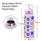 Style 27A Purple Smiley Face Pattern Vibrant Fun Print 1L Stainless Steel Insulated Water Bottle - 32oz Large Capacity with Straw Lid & Carry Handle - BPA-Free