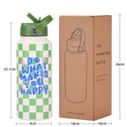 Style 23J Green and White Plaid Vibrant Fun Print 1L Stainless Steel Insulated Water Bottle - 32oz Large Capacity with Straw Lid & Carry Handle - BPA-Free