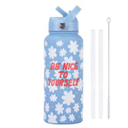 Style 19A Blue and White Plaid Vibrant Fun Print 1L Stainless Steel Insulated Water Bottle - 32oz Large Capacity with Straw Lid & Carry Handle - BPA-Free