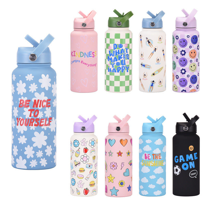 Style 9B Black Vibrant Fun Print 1L Stainless Steel Insulated Water Bottle - 32oz Large Capacity with Straw Lid & Carry Handle - BPA-Free