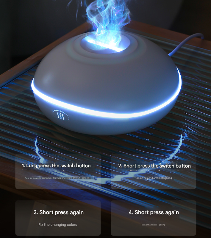 White Mini USB Aromatherapy Diffuser with Flame Projection - Portable Humidifier for Home and Car Use