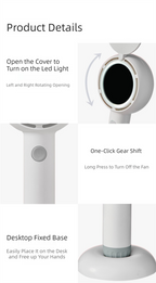 White 2-in-1 Handheld Fan with LED Makeup Mirror - Portable USB Rechargeable Beauty Light Fan with Desktop Base - 3 Speed Quiet Airflow for Travel & Summer