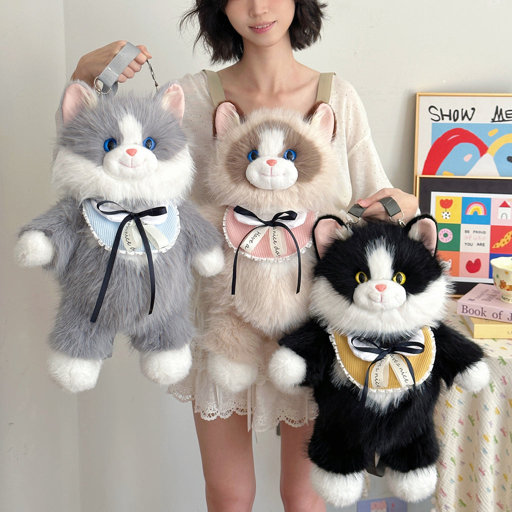 Black Adorable Plush Cat Backpack - Soft Furry Doll Bag with Zipper Compartment for Girls and Women