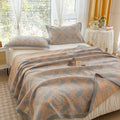 Grey and Orange Cotton Three-Layer Gauze Bed Cover Set - Reversible Vintage Printed Blanket with Two Pillowcases for Year-Round Use(120*150cm)