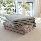 Grey and Green Cotton Three-Layer Gauze Bed Cover Set - Reversible Vintage Printed Blanket with Two Pillowcases for Year-Round Use(120*150cm)