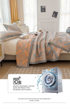 Grey and Pink Cotton Three-Layer Gauze Bed Cover Set - Reversible Vintage Printed Blanket with Two Pillowcases for Year-Round Use(120*150cm)
