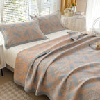 Grey and Pink Cotton Three-Layer Gauze Bed Cover Set - Reversible Vintage Printed Blanket with Two Pillowcases for Year-Round Use(200*230cm)