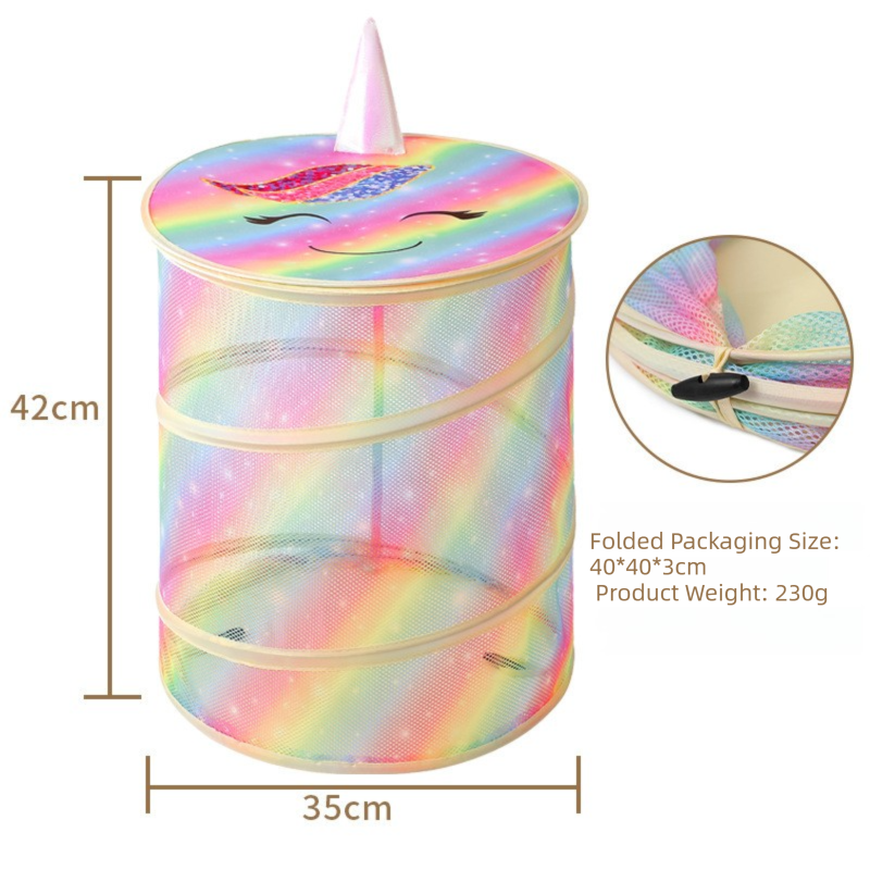2 Pcs Cute Unicorn Design Foldable Mesh Storage Basket – Rainbow-Colored Toy Organizer for Plushies, Dolls & Kids' Toys